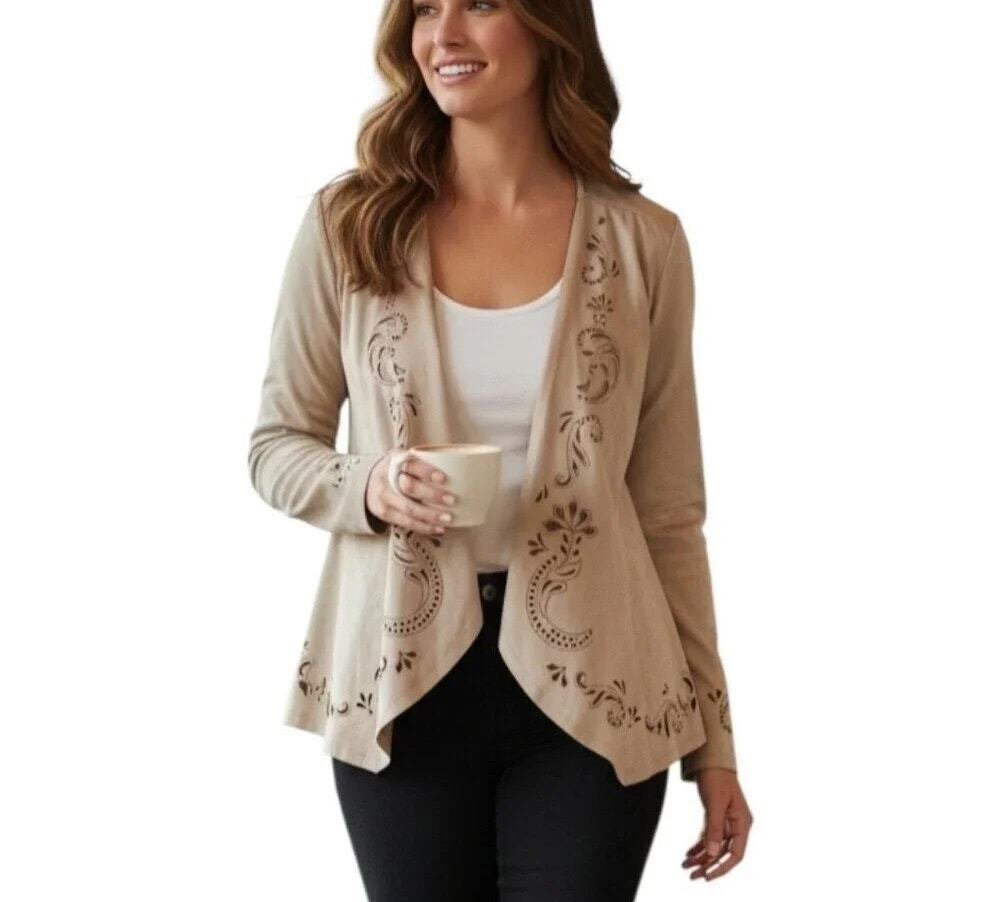 Soft Surroundings Lazer Cut Out Jacket Microfiber Faux Suede Peplum Beige Medium